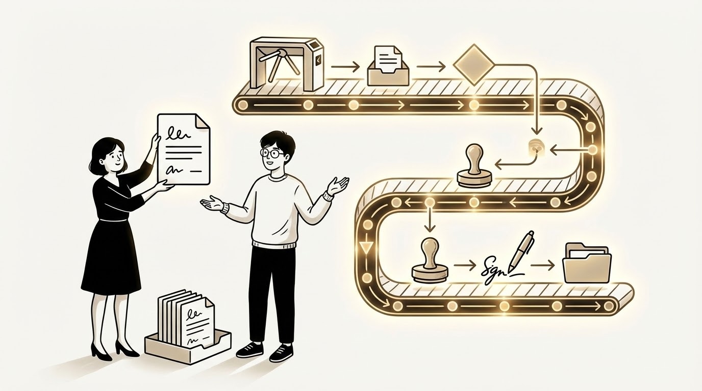 Legal process diagram showing the flow from templates through documents to organized storage with multiple approval and signature steps