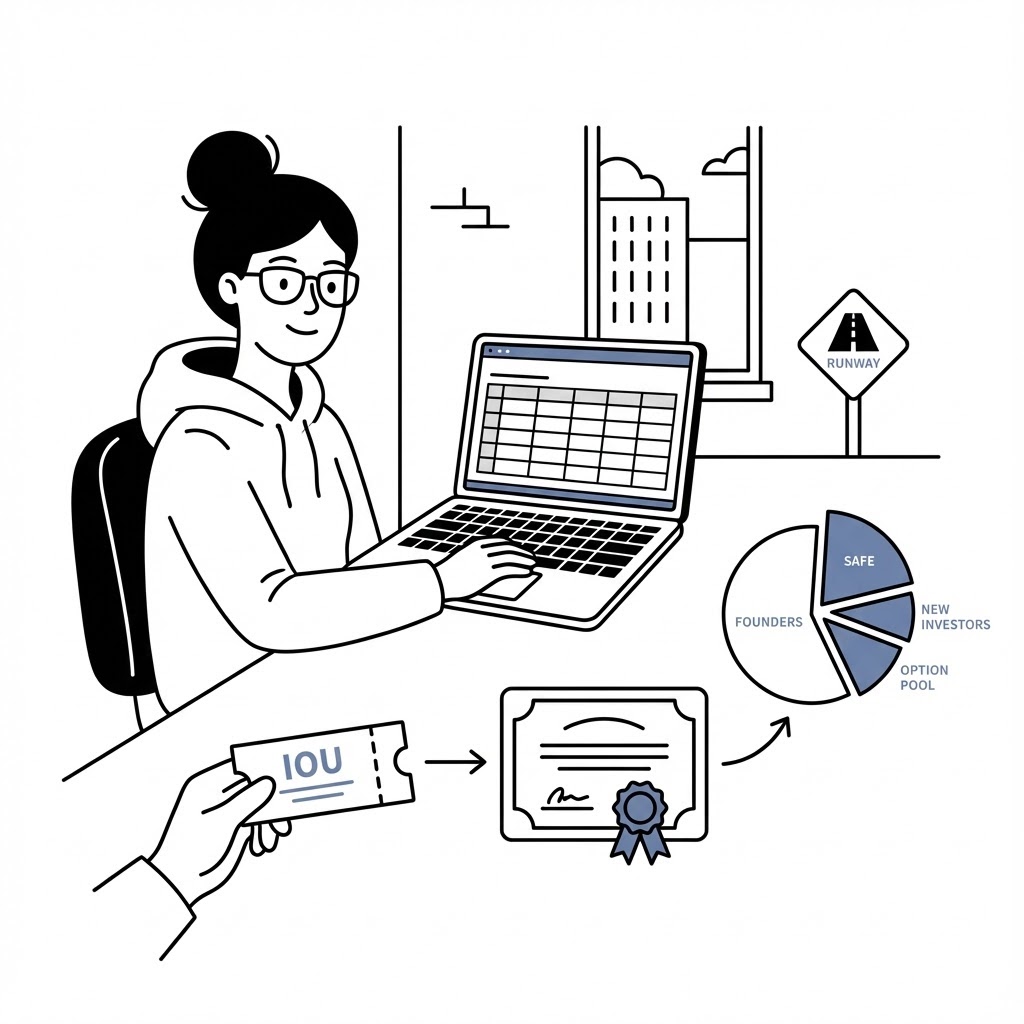 SAFE financing explained: showing how SAFEs convert from an IOU to equity shares, with cap table breakdown showing founders, SAFE holders, new investors, and option pool